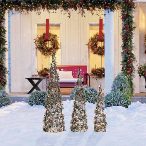 Glitzhome Set of 3 Lighted Christmas Cone Trees, Xmas Decorative Conic Tree Set with 75 Warm White LED Lights, Indoor & Outdoor Lighted Decorations for Lawn Yard Garden Party
