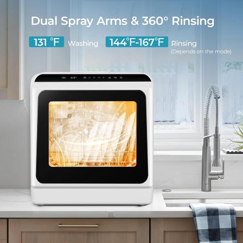EUHOMY Countertop Dishwasher Portable with 6 Programs, 5L Built-in Water Tank for Apartments & RV, 167℉ High-Temp, No Hookup Needed, Mini Dishwasher with Baby Care, Air Dry/Quick/ECO/Fruit/Normal Mode
