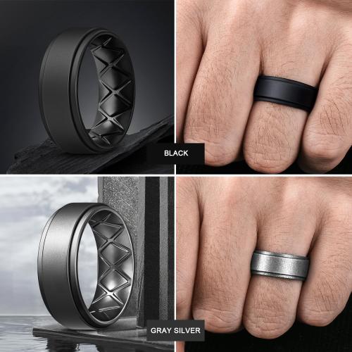 Egnaro Mens Silicone Wedding Rings 8mm x 2mm, Step Edge Rubber Engagement Bands 1/4/7 Multipack Comfort For Workout Travel