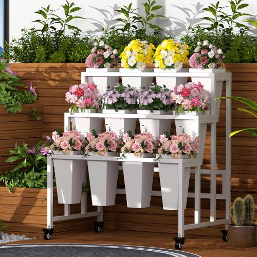 Flower Display Stand with 12 Buckets, 3 Layers Flower Bar, White Metal Plant Stand with Wheels, Heavy Duty Flower Cart for Indoor Outdoor Patio Garden Wedding Florist, White Metal Frame