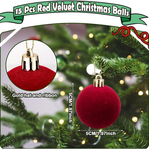 Menkxi 15 Pcs Christmas Velvet Balls 1.97 Flocked Christmas Hanging Ornaments Handmade Velvet Balls Xmas Tree Ornaments Xmas Tree Bulbs for Wedding Anniversary Party (Red)