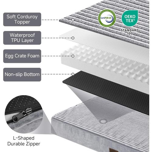OhGeni Orthopedic Waterproof & Machine Washable Dog Bed for Small Pets, Suitable for Crates, Cat Mat with 25D Egg Crate Foam, Non-Slip Bottom & Removable Cover, 24 Inches(Gray)