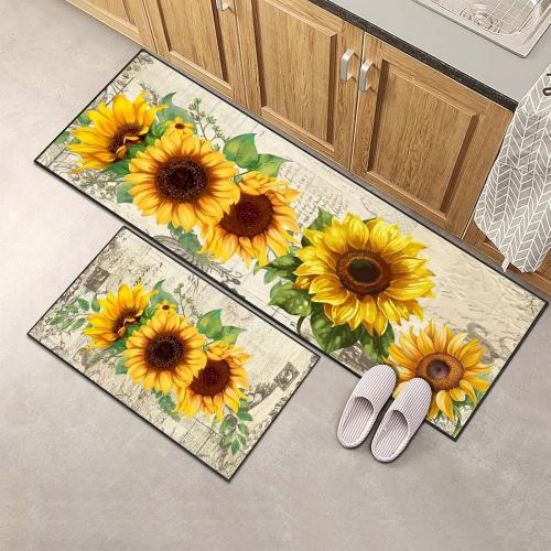 ACZHHZC Sunflower Kitchen Rug 2 Piece Set, Non-Slip Absorbent Washable Runner Carpet Home Vintage Farmhouse Kitchen Decoration 17x30 17x47 Inches (Yellow)