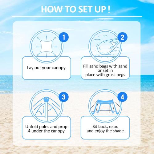 Beach Tent Sun Shelter with UPF 50  UV Protection, Beach Canopy Sun Shade 11x11 FT with Sandbags, Poles and Ground Pegs and Anti-Wind Ropes, Pop Up Tent for Camping, Backyard and Picnics