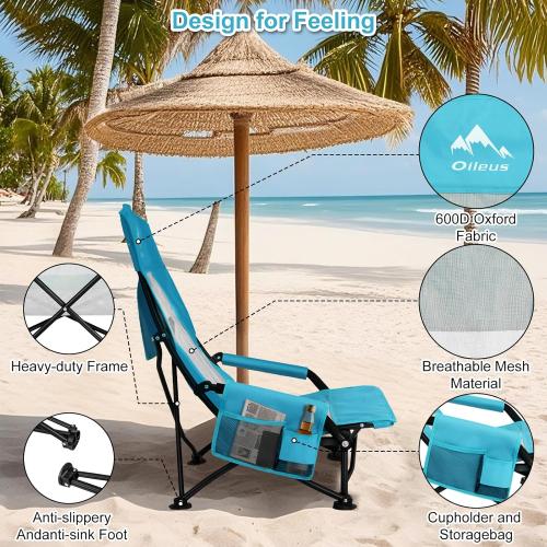 Blue 2Pack Oileus Folding Portable Beach Chair, High-Back Low-Seat Lightweight Chair for Beach Tents, Shelters, and Camping, Full Mesh Backrest | Cup Holder | Storage Bag | Carrying Bag | 2 Armrests