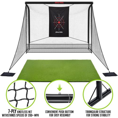Zealfeel Golf Net, 10x7ft/8x8ft Golf Enclosure Net with Side Barriers/Auto-Ball Return, Low-Noise Target, Carry Bag, 4 Stakes, Hitting Practice Net for Backyard Driving Chipping Indoor Outdoor Use