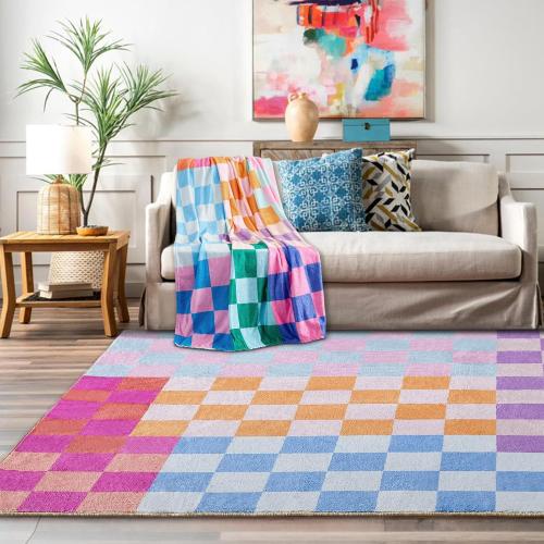 Size 8x10 Color Multicolored Checkerboard Washable Rug 8x10 Ultra Thin Retro Aesthetic Funky Area Rugs Carpet for Living Dining Room Bedroom Kitchen Office Dorm, Colorful Checkered Modern Geometric Carpet