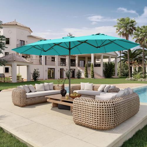 Size 15FT Color Dark Blue Double Sided Patio Umbrella with Base Included Large Outdoor Market Umbrella with Crank Handle, UV Resistant Canopy, Sturdy Frame for Garden, Poolside, Deck,