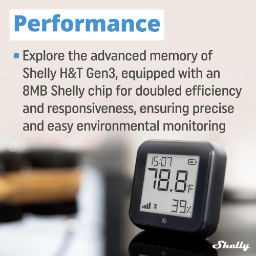 Shelly H&T Gen3 Black | Wi-Fi and Bluetooth Smart Temperature & Humidity Sensor with Remote App Control & Monitoring | Smart Scenes | Notification Alerts | LCD Display | Free Data Storage Export
