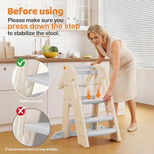 Onasti Foldable Toddler Tower Kitchen Stool Helper, Adjustable Height Learning Standing Tower with Safety Rail, Anti-Slip Steps, Kids Step Stool for Kitchen Counter and Bathroom Sink-Grey ‼️could be missing or broken pieces ‼️
