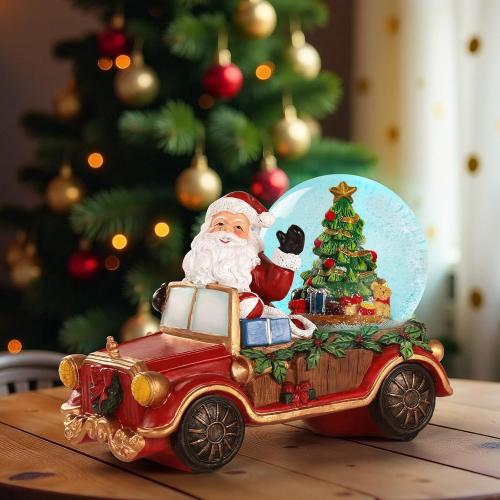 Christmas Red Pickup Train Snow Water Lantern Santa Claus with Christmas Tree, Battery Operated Lighted Spinning Lantern for Christmas Festival Decoration Gifts