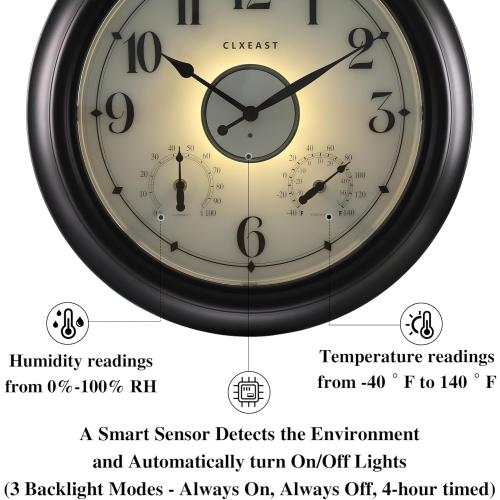 CLXEAST Illuminated Indoor Outdoor Clocks Waterproof 18 inch with Smart Night Light Sensor,Large Wall Clock with Thermometer & Hygrometer,Oil Rubbed Bronze Black,House Warming Gifts New Home