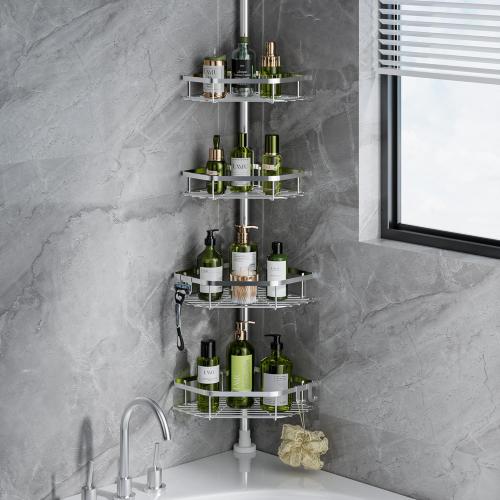 LAMU Corner Shower Caddy Tension Pole, Stainless Steel Shower Organizer, Strong Spring, 4 Adhesive Pads, 2.4 Non-Slip Grid Base, Adjustable 4-Tier Basket, 4 Hooks, Fits Heights 37.8-124, Silver.