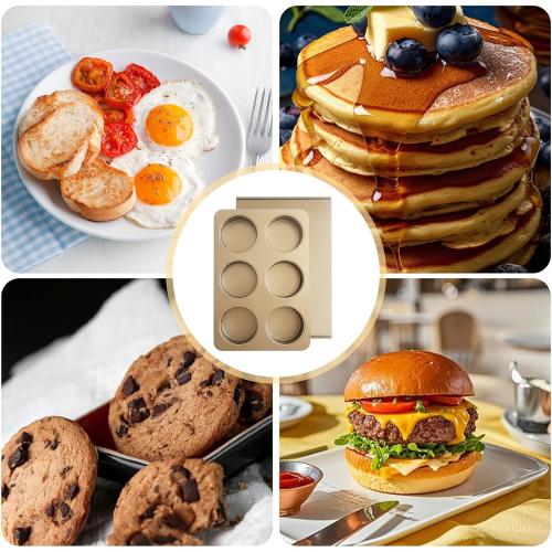 6 Cup Muffin Top Pan for Baking, Nonstick Hamburger Bun Pan, Straight Side English Muffin Cupcake Pans with Lid, Jumbo Muffins Pans for Baking Egg Sandwich Quiche Pancake, Gold (Round Shape)