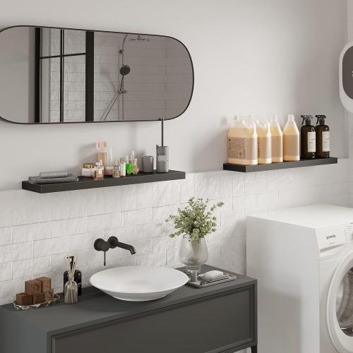 BAMEOS Floating Shelves, 35 Wx7 D Black Wall Mounted Wooden Shelves with Invisible Brackets Set of 2, Hanging Wall Shelves Decoration for Bedroom and Kitchen