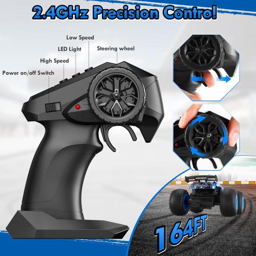 Remote Control Car, 1:18 Rc Cars, All-Terrain RC Truck with LED Light, 20KM/H, Rechargeable, 2WD, 2.4GHz, Sturdy PVC Shell, Remote Control Truck for Boys 4-7 8-12, Beginner