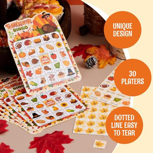 JOYIN 30 PCS Thanksgiving Bingo Game Cards for Kids Family Activities, Party Card Games, School Classroom Games, Turkey Party Favors Supplies, Crafts, Stickers & Fall Crafts
