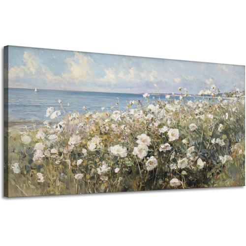 large Canvas Wall Art Coastal Flowers Wall Painting Beach Floral 3d Textured Picture Landscape Wildflowers Artwork Prints Seascape Aesthetic Artwork for Living Room Office Home Decoration 24x48