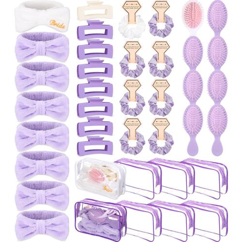40 Pcs Bachelorette Favor Set Include Headband Scrunchies Hair Claw Clips Hairbrush and Makeup Bag for Bridal Shower Party Gifts Bridesmaid Wedding Supplies(White and Purple)