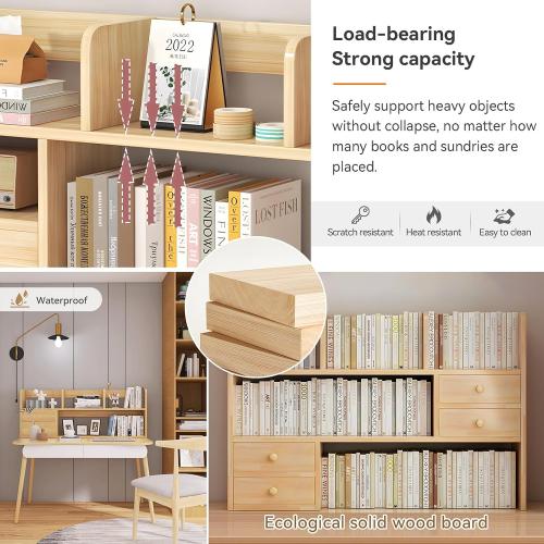 Desk Hutch, Wood Desktop Shelf Organizer with Cubby & Drawer for College Dorm Room, Office Desk Top Bookshelf for Storage