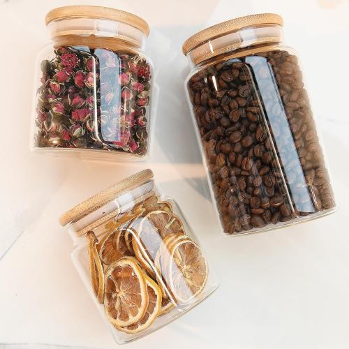 17.6 fl oz Glass Storage Containers with Lids,Candy Jar with Lid, Glass Food Storage Containers for Kitchen Counter, Pantry, Decorative Jar for Coffee, Sugar,Tea, Cute Jar (Bamboo 17.6 FL OZ)