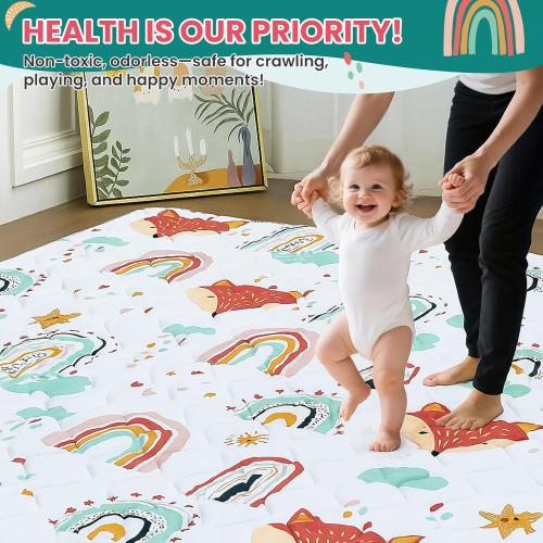 Baby Play Mat for Floor,71x59 Inch Soft Foam Padding Crawling Mat for Playpen, Foldable and Machine Washable, Thick for Babies & Toddlers,Rainbow Fox