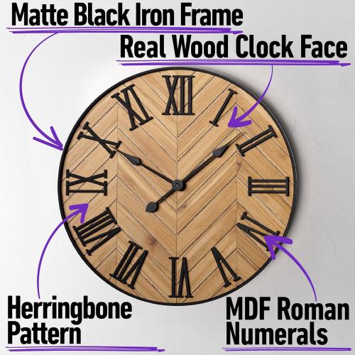 Large Wall Clock 24 Round - Silent Metal & Wood Large Farmhouse Wall Clock For Living Room Decor with 3D Roman Numerals - No Ticking - Noiseless Big Wood Decorative Clocks for Living Room Decor