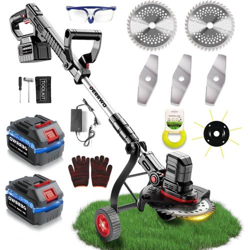10400mAh Electric Weed Wacker with Wheel, Weed Eater Cordless, Battery Power Display, 4-in-1 Brush Cutter, String Trimmer, Lawn Edger & Mower, Lightweight Weed Wacker with 6 Blade 2 Battery