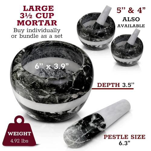 Gusto Nostro Natural Marble Mortar and Pestle Set | 6 Inch - 3.5 Cup Extra Large Mortar Pestle Set for Grinding Herbs, Nuts, Grains | Pesto Grinding and Guacamole Stone Bowl | Marble Spice Crusher