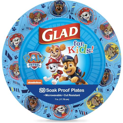 3 pks of 20 Glad for Kids Paw Patrol Paper Plates , Disposable Paw Patrol Plates for Kids , Heavy Duty Soak Proof Microwavable Paper Plates, Core Pups Blue 7 Inch Round Plates 20ct , Paw Patrol Birthday 3 Pack