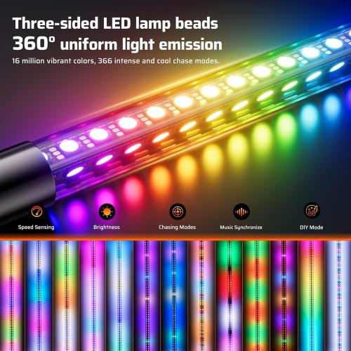 Ehaho 2 Pack 3FT LED Whip Light with Speed Sensing, Whip Lights with Spring Base, Tri-Sided RGB Illuminated Whip Light with Rocker Switch, App & Remote Control for UTV ATV Polaris RZR SXS Can-Am Truck