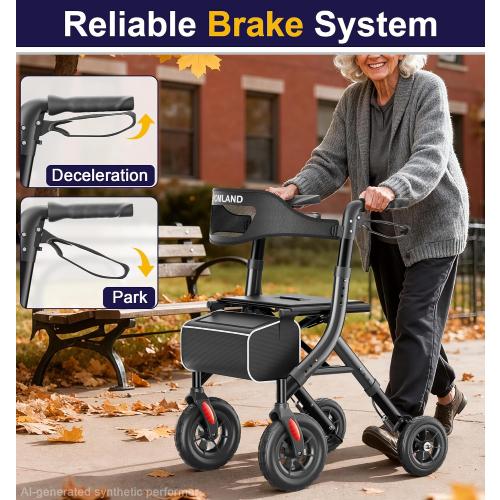 HOMLAND Foldable Rollator Walker for Seniors with Seat, Black | 10 All-Terrain Wheels, Curb Climber, 16.4 lb Lightweight, Lockable Brakes, 300 lbs Capacity