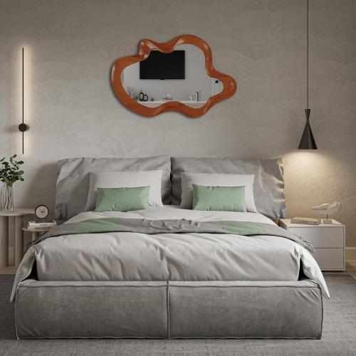 32x 21 Irregular Wall Mirror, Walnut Wooden Framed Asymmetrical Wall Mirror for Living Room Bedroom Entryway Bathroom Modern Decorative Hanging Hooks