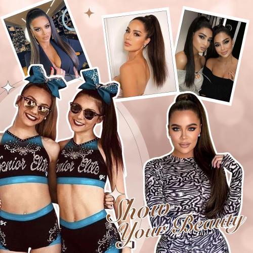 FESHFEN Straight Ponytail Extensions, Long Drawstring Pony Tails Synthetic Hair Piece Clip in Ponytails Hairpieces for Women, Natural Black 28 inch