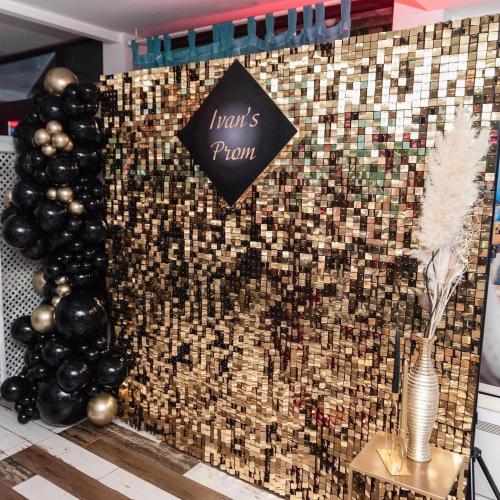 Qcity Light Gold Shimmer Wall Backdrop 36PCS | Black Back Not See-Through Design, Square Sequin Backdrop Panel, Perfect for Birthdays, Events, Wedding and Party Decor