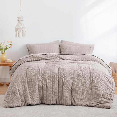Love's cabin Seersucker Burlwood Queen Comforter Set 7 Pieces, Queen Bed in a Bag, All Season Bedding Set with Comforter, Flat Sheet, Fitted Sheet, Pillowcase and Pillow Sham