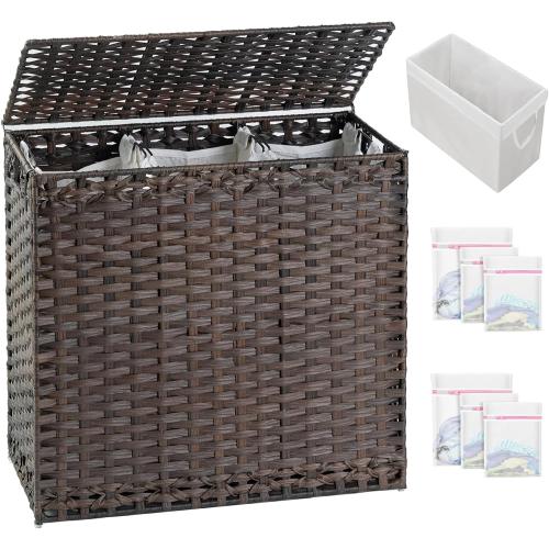 SETVSON Laundry Hamper with Lid Laundry Basket 132 L (35 Gal) Wicker Clothes Hamper, Handwoven Rattan Hamper with Handles and 4 Removable Liner Bags, 6 Mesh Bags for Laundry Bedroom Brown