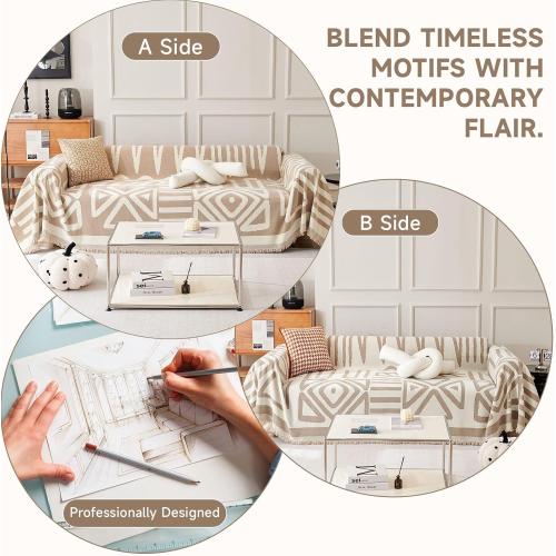 VClife Boho Couch Cover for 2 Cushion Couch Sofa Cover Thick Chenille Sectional Sofa Cover for Dog Modern Beige Khaki Cream White Plaid Triangle Sofa Slipcover Loveseat Cover Futon Covers 71''x118''