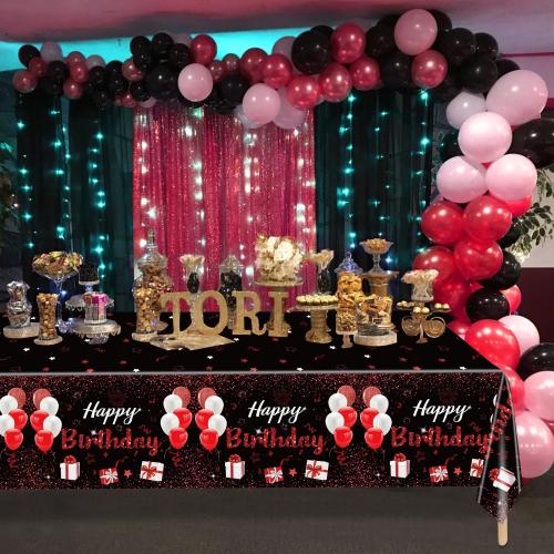 2 Pack Black Red Happy Birthday Tablecloths, 51x87'' Plastic Disposable Rectangle Birthday Party Table Covers for Women Girls Birthday Party Decorations Supplies