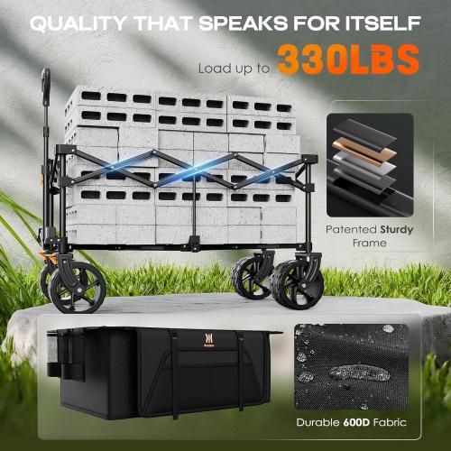 Navatiee Big Wheels Collapsible Wagon Cart Foldable, Heavy Duty Beach Wagon with Silent All-Terrain Wheels, Folding Utility Grocery Cart with Side Pocket and Brakes for Camping Garden Sports, Black
