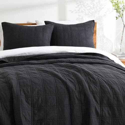 HORIMOTE HOME 100% Cotton Quilt Set King Size, Charcoal Pre-Washed Bedspreads Coverlet Set in Geometric Pattern, Cozy Lightweight Stitching Decorative Bedding Cover with 2 Shams for All Season