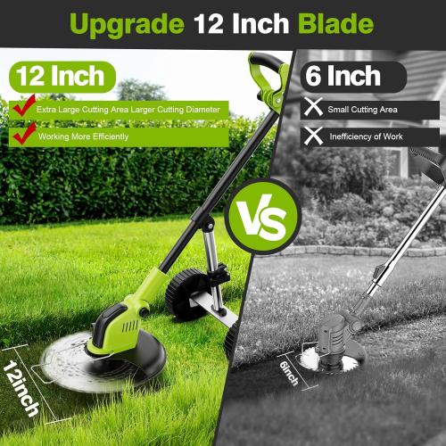 Green 12 Kihoplly Stringless Weed Wacker Cordless Eater, 21V 3000mAh*2 Battery Powered Grass Trimmer Brush Cutter, 3-in-1 Wheeled Lawn Edger with Blades, Electric String Trimmer 2 Batteries and Charger