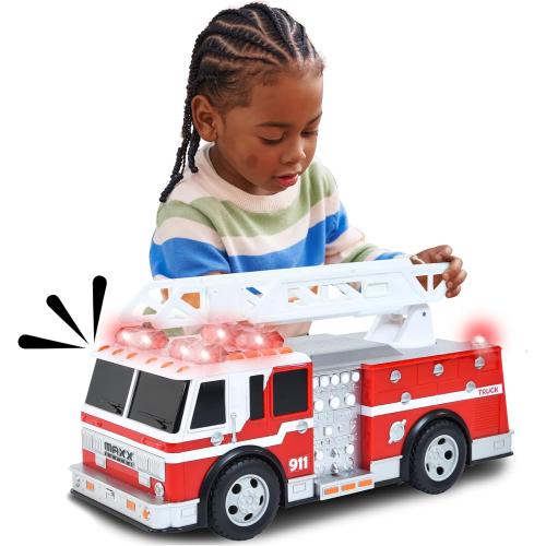 Sunny Days Entertainment Maxx Action 12’’ Large Fire Truck – Lights and Sounds Vehicle with Extendable Ladder | Motorized Drive and Soft Grip Tires | Red Firetruck Toys for Kids 3-8