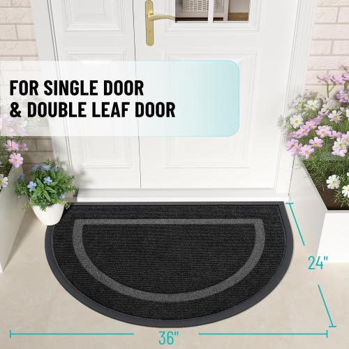 OLANLY Half Circle Door Mat Indoor Outdoor Entrance Welcome, Waterproof All-Season, All-Weather Doormat, Sturdy Natural Rubber, Low Profile, Easy Clean Patio Porch Entryway Mat, Black