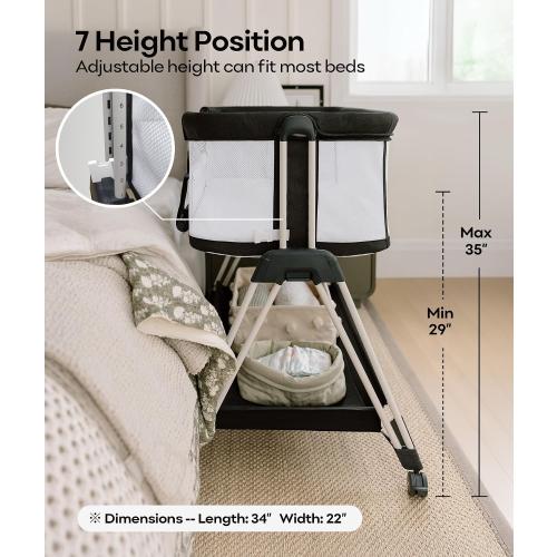 Fodoss Baby Bassinet Bedside Sleeper with Wheels and Storage Tray,4-Sided Mesh Bedside Bassinet for Infant/Newborn,7 Height Adjustable Easy Folding Bedside Crib