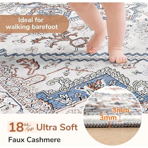 OPPODREAM Soft 10x14 Area Rugs, Neutral Washable Rugs 10x14 with Non Slip Backing, Low-Pile Faux Cashmere 10 x 14 Carpet, Cream White & Blue & Light Brown