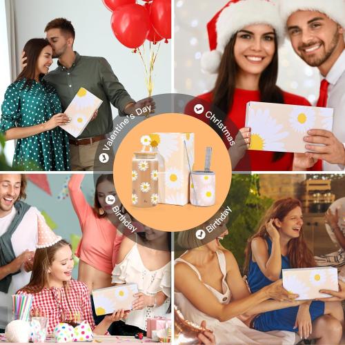 Dosuarue Daisy Aesthetic Cups, Iced Coffee Cup, 16 oz Cute Glass Cups with Lids and Straws - Flower Mug Cup, Drinking Glass Tumbler - Christmas, Birthday Gifts for Women Friend Sister Her