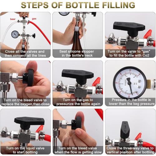 Counter Pressure Bottle Filler Stainless Steel Bottle Filler Counter Pressure Beer Bottling Wand 60psi CO2 Gauge 1/4 & 5/16 Barb Homebrew Beer Bottle Filler Hand Held Bottle Filler 3ft Hose