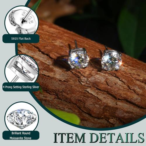 Moissanite Stud Earrings : 18K White Gold Plated Solid 925 Sterling Silver Earring Hypoallergenic Dainty Flat Back Stud Earrings Jewelry for Women Men D Color VVS1 Clarity
