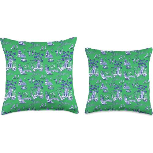Preppy Blue and Green Willow Pattern Chinoiserie Toile Throw Pillow
